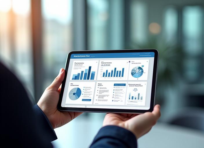 Executive reviewing automated financial reports on a sleek tablet