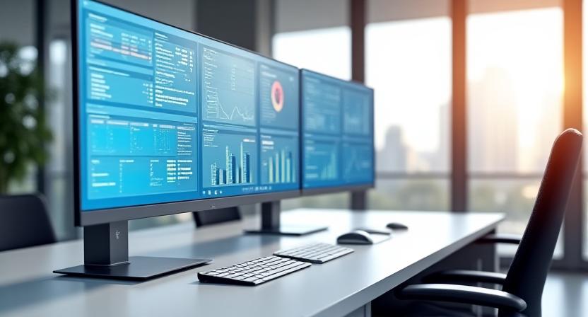 Modern workspace with multiple clean displays showing unified data interfaces